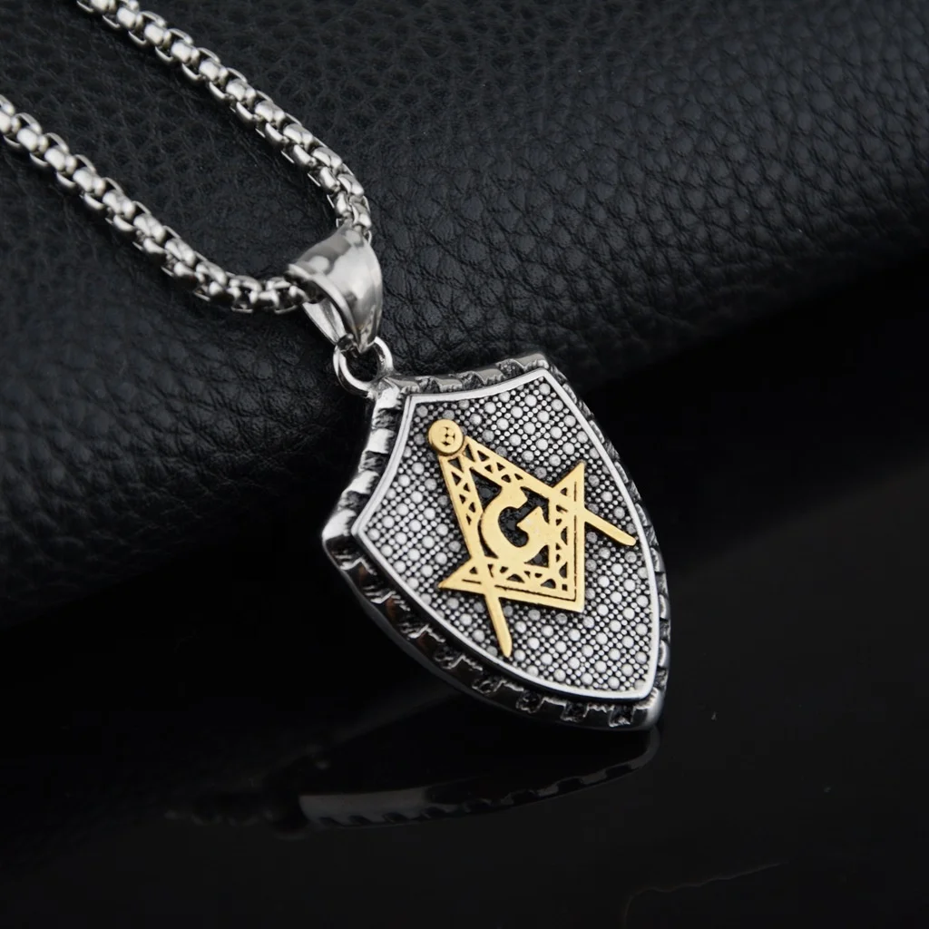 Stainless Steel Custom Jewelry Shield Two Tone AG Masonic Freemason Pendant Necklace for Men