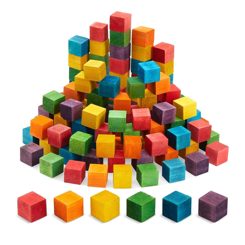 100 Pieces Colorful Building Natural Wooden Square Blocks for Arts 6 Colors Wooden Cubes Bright Creations Blocks for Crafts