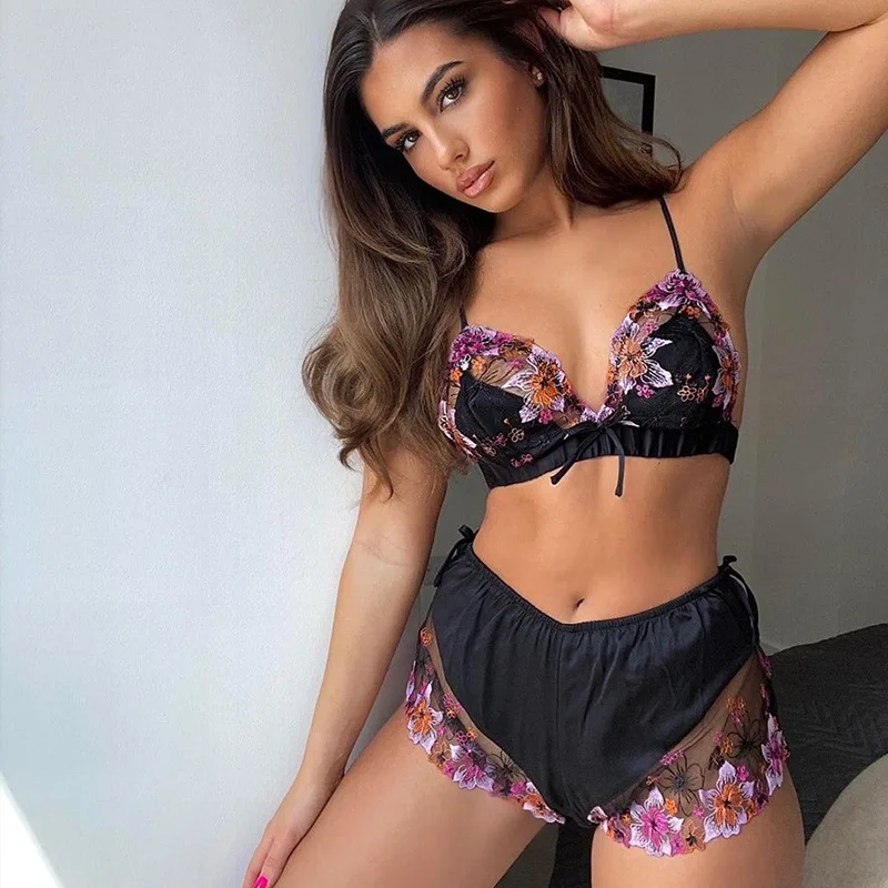 Women sexy suspender embroidered silk satin triangle bralette shorts night sleep wear set