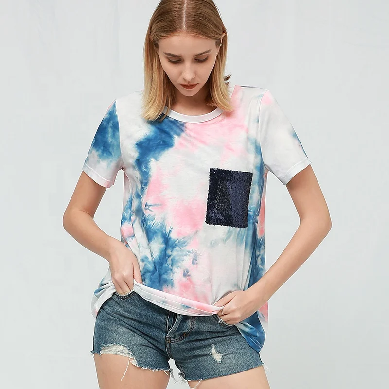 Summer Tie Dye Print Patchwork Sequin Pocket Women Plus Size Transfer Tshirt custom women t-shirt