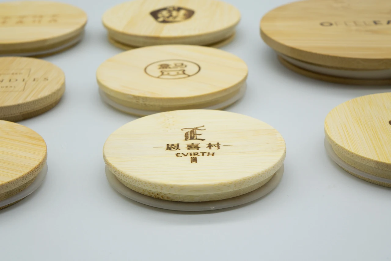 Natural Color Factory Customize Logo Seal Ring Airtight Wooden Bamboo Mason Jar Caps Lid with Hole for Straw 86 mm
