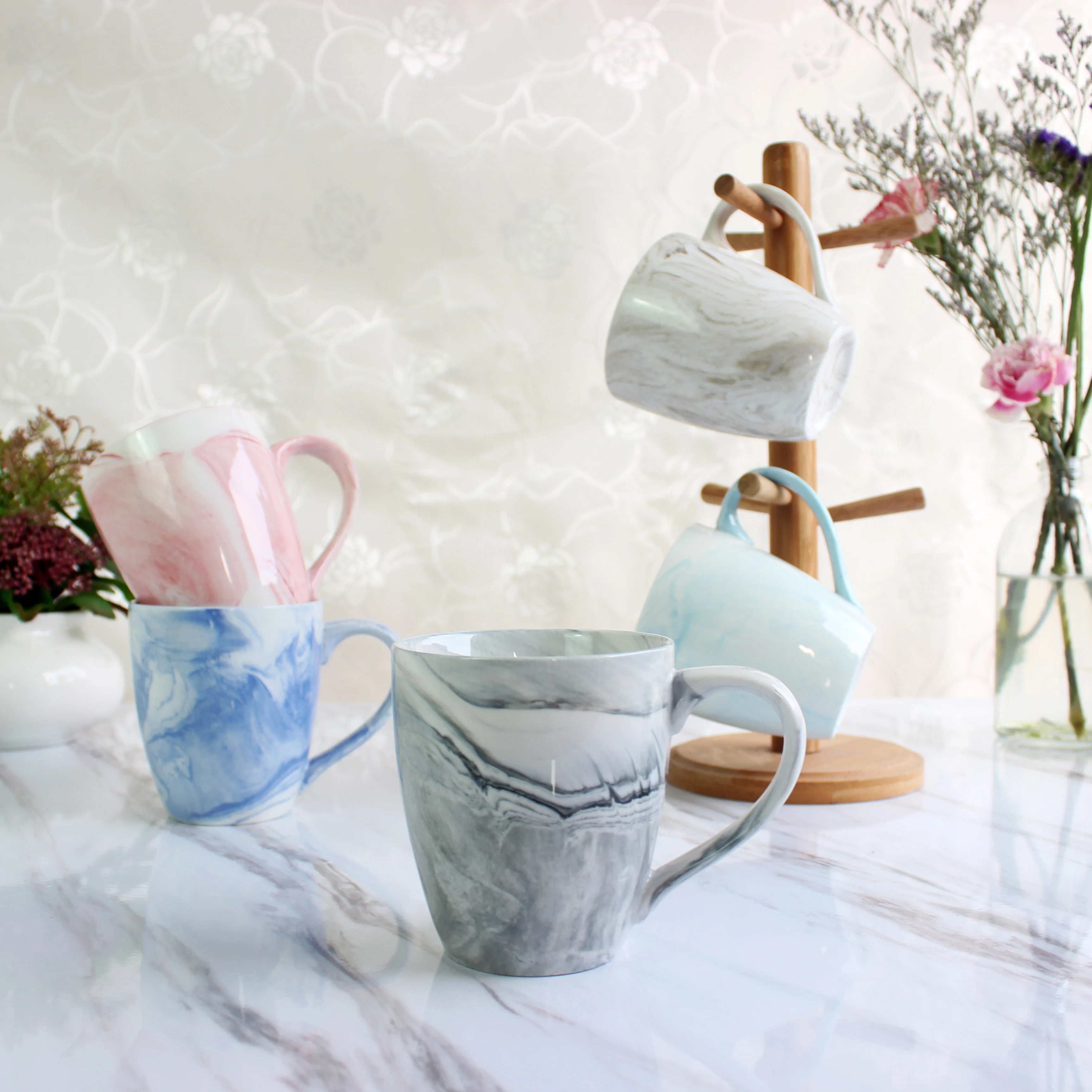 WKTM005 custom decals low moq colored clay 350ml Marble blue ceramic porcelain mug