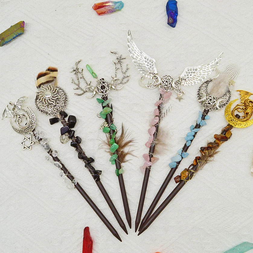 Wholesale Natural Amethyst Crystal Angel Wand Black Gold Magic Wand Wicca Dragon Crystal Wand