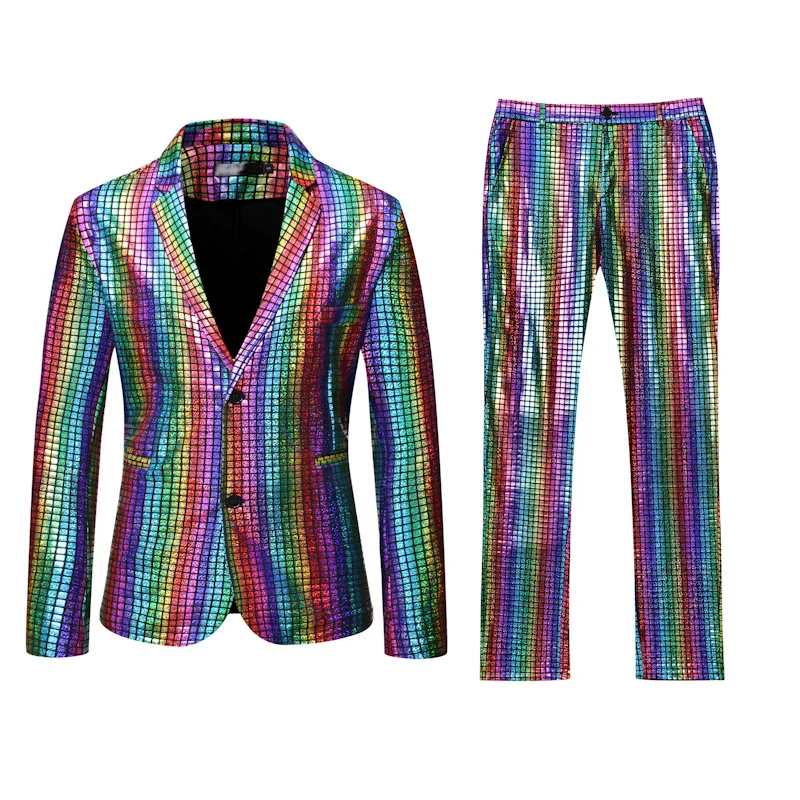 Mens Stage Dance wear Prom Suits Gold Silver Rainbow Plaid Sequin Jacket Pants Men Christmas Halloween Party Costume Homme