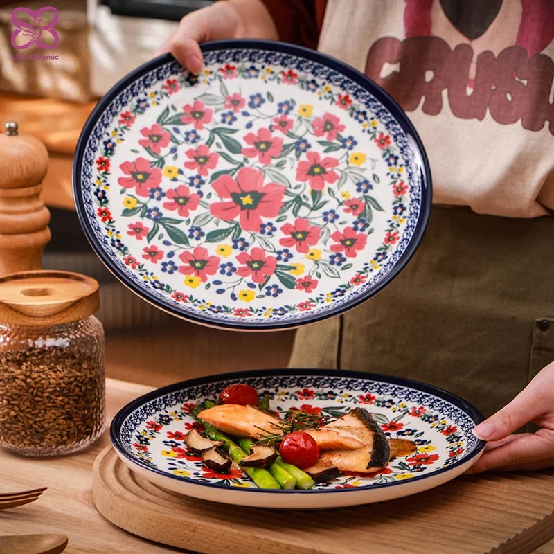 Retro Flower Porcelain Dinner Charger Plate Underglazed Steak Fruit Serving Plate Ceramic Dinner Plates