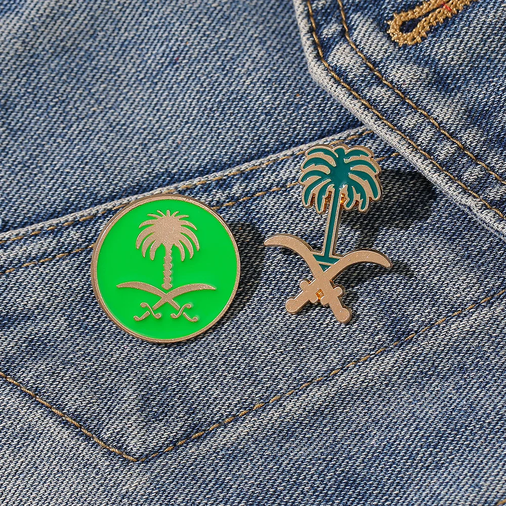 Middle East Saudi National Emblem Brooch Classic Arabian flag Metal green Date palm pin accessories saudi national day brooch