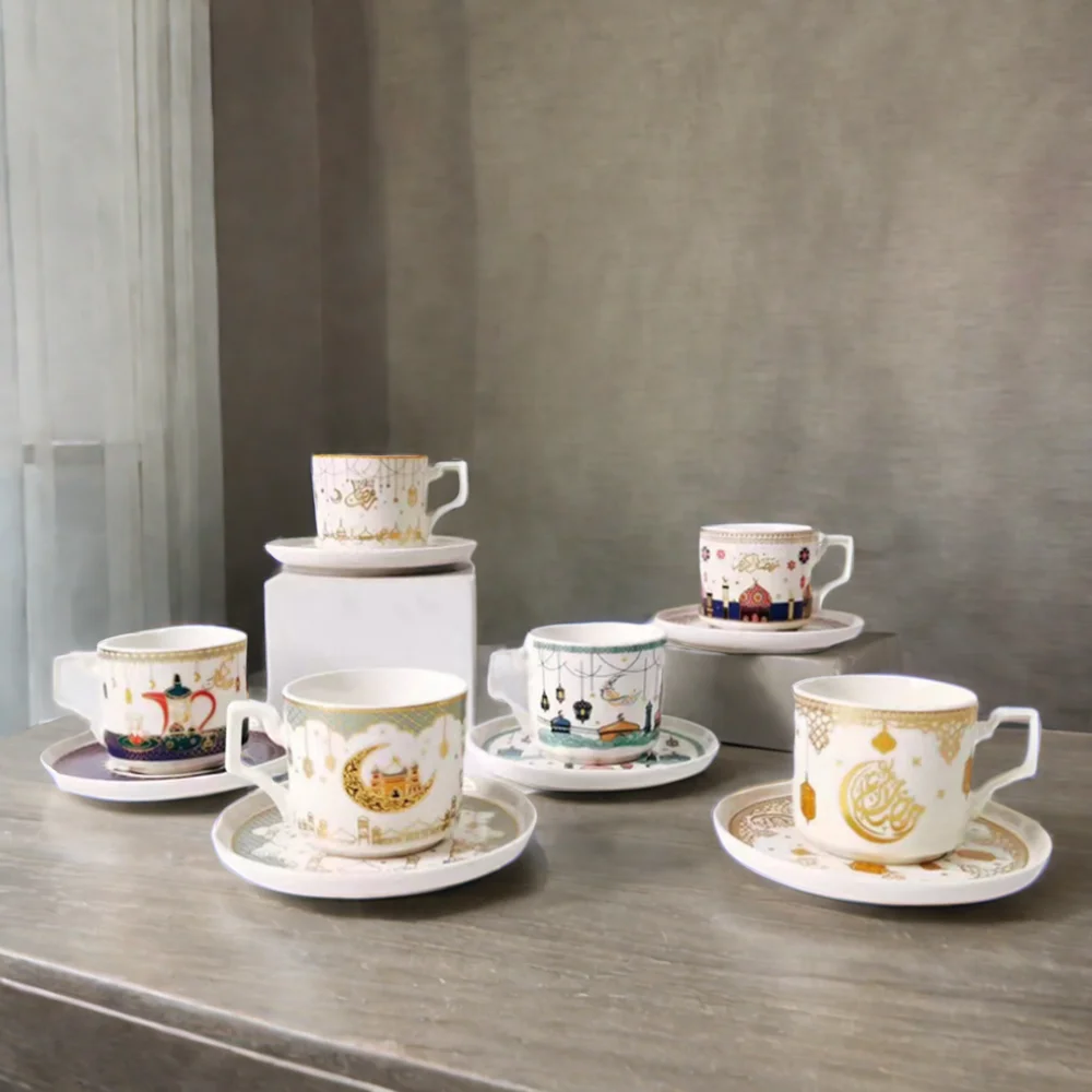 QIANHU Brand Luxury Ramadan Gift Set 110ml Porcelain Enamel Turkish Arabic Espresso Coffee Tea Cup Saucer 12PCS Gold Rim Ceramic