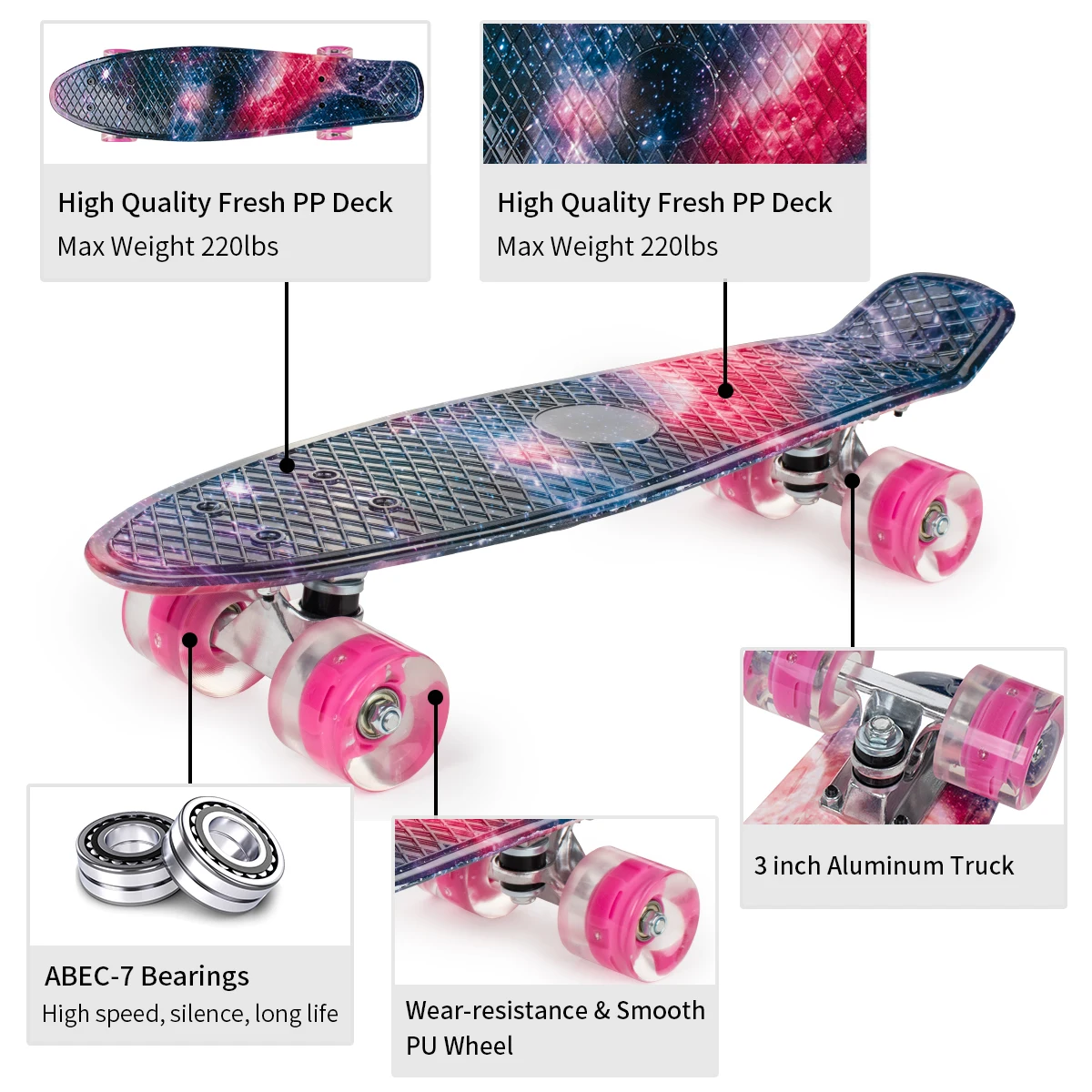 22 inch Cruiser Skateboard Plastic Skate Board Retro Graphic Galaxy Starry Floral Fade Printed Style High Quality Board