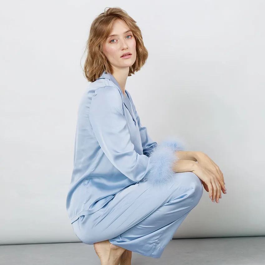Wholesale Solid Color Satin Sleepwear Turkey Feather Custom Pajamas For Women Set