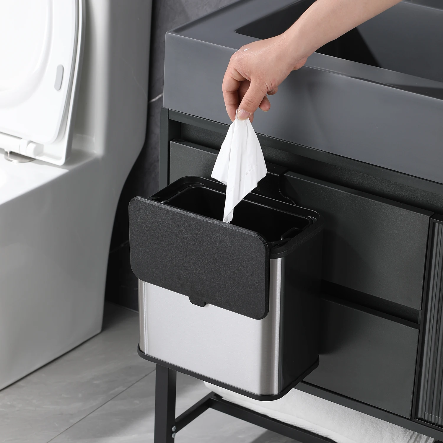 JILI Wall Mounted Stainless Steel 5L Plastic Lined S/S410 Steel Soft Close Fingerprint Resistant Load Small Stuff Trash Can