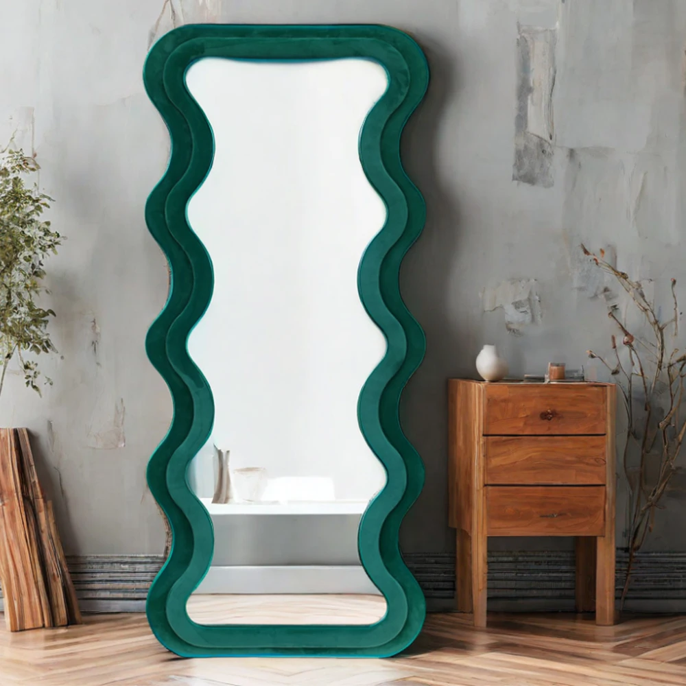 2024 New Promotion Wooden Mirror Spiegel Modern Irregular Wavy Long Home Goods Luminous Elegant Full Length Large Floor Mirrors