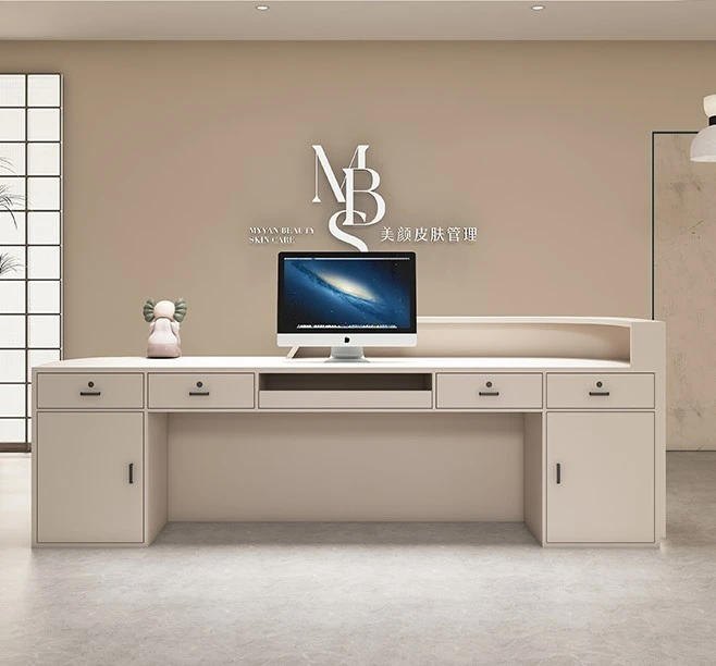 USA CA UK AU GER Local Stock European Style Beige Curved Counter Design Half Round Reception Table Desk Idea Furniture With Logo