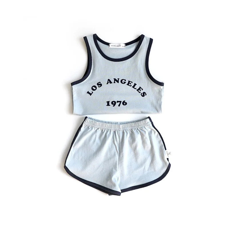 Хлопковая синяя одежда для мальчиков и девочек с принтом жилет спортивные короткие спортивные костюмы одежда шорты Повседневная мода