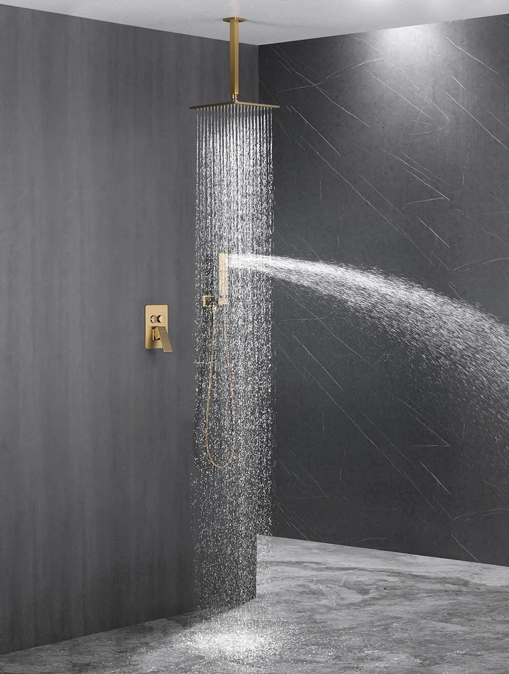 Square 12 Inch Brushed Gold Shower Faucet Set with Rain Handheld Wall Mounted Shower Mixer Complete for Bathroom Shower Fixtures