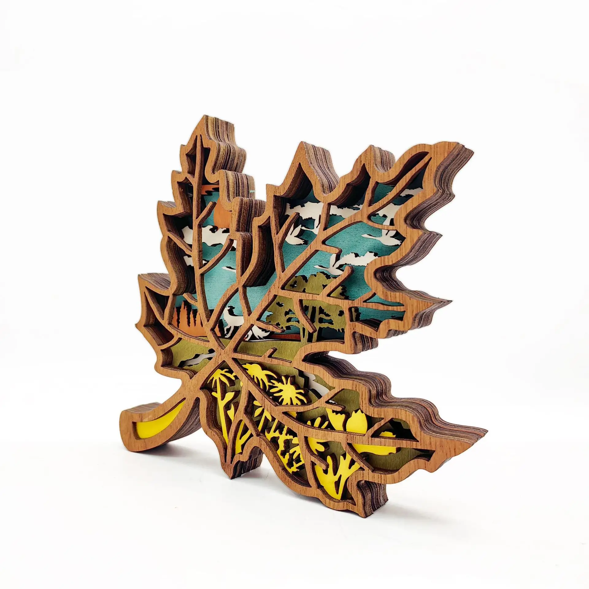 Carved Wooden Maple Leaf Ornaments Lighting Thanksgiving Home Tabletop Decoration For Wood