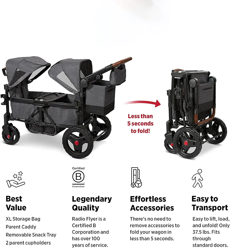 Collapsible Steel Outdoor Utility Wagon Stroller 2 Seater with Low Sides Platform Double Baby Wagon Stroller for Kids