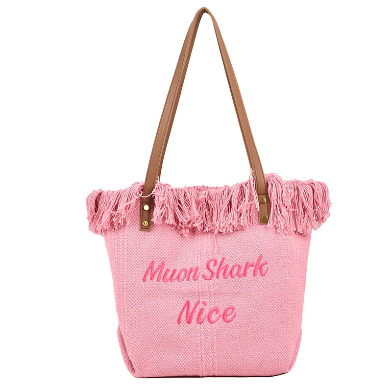 Women Summer Luxury Handbags Cotton Beach Tote Bag With Leather Handle Embroid Fringe Shoulder Bag Purses Tote Bag