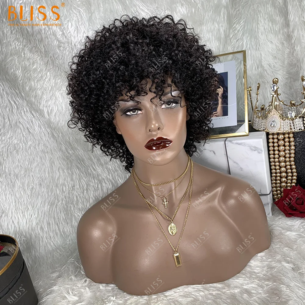 Bliss Short Mongolian Kinky Curly Hair Bangs Wig,Short Afro Kinky Curly Remy Human Hair Wigs With Bang For Black Women
