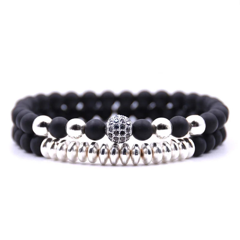 Fashion Set Micro Pave CZ Disc Ball Charm Bracelet 2Pcs/Set 6mm Elastic Natural Matte Agate Stone Bracelet 4 Colors Available