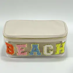 Custom letter patches PVC Travel Nylon Custom Pink Color Clear Make Up Bag Transparent Women Cosmetic Bags