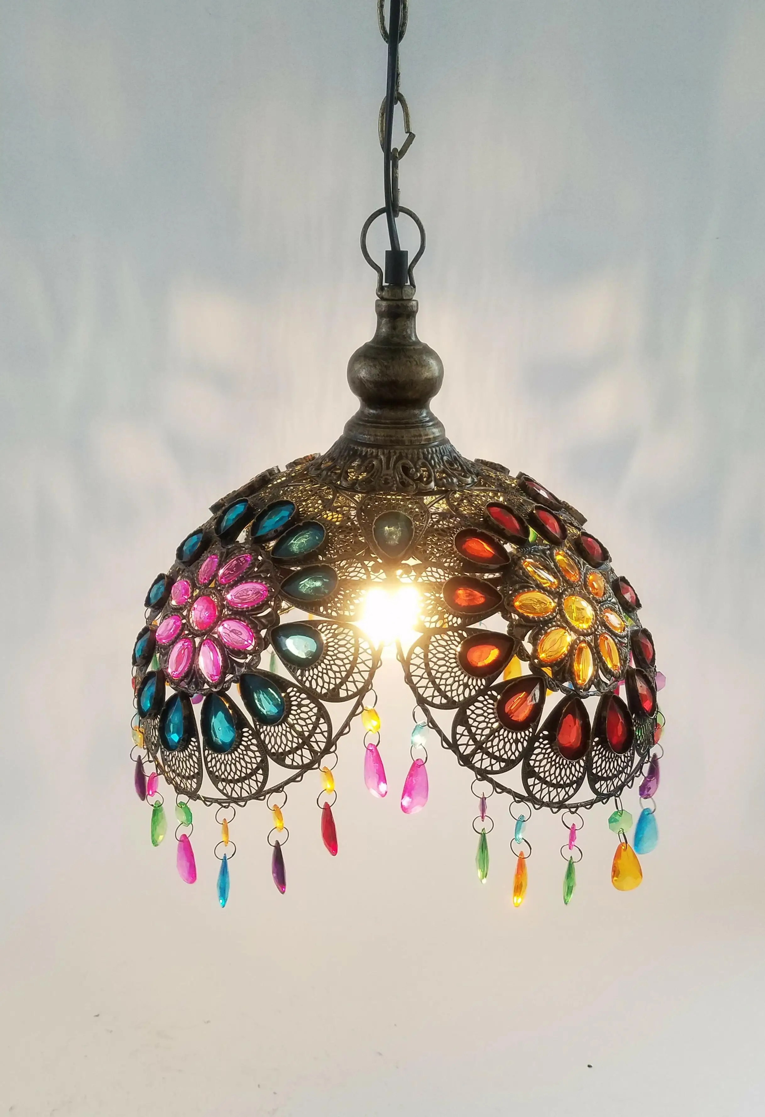 Moroccan Bazaar Style Bronze Chandelier Ceiling Light Pendant Shade with Beautiful Multi-Coloured Acrylic Jewel Droplets