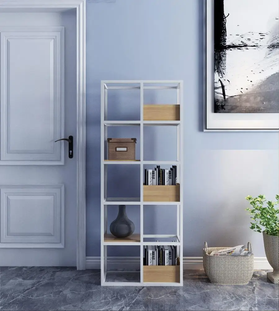Wooden and metal bookshelf industrial cube shelf for living room furniture