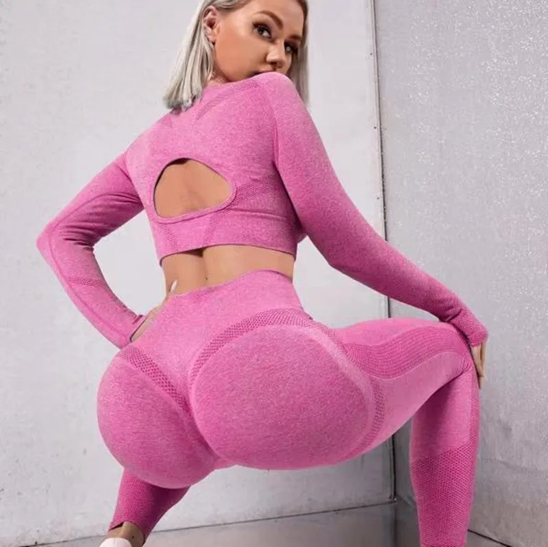 2023 New Women Seamless Solid Color Long Sleeve Yoga Top And High Waist Leggings Workout Sets