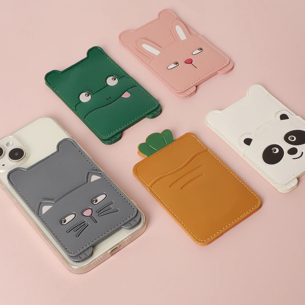 Custom leather cute cartoon patterns rabbit panda cat carrot frog phone back card holder slim double layers phone wallet