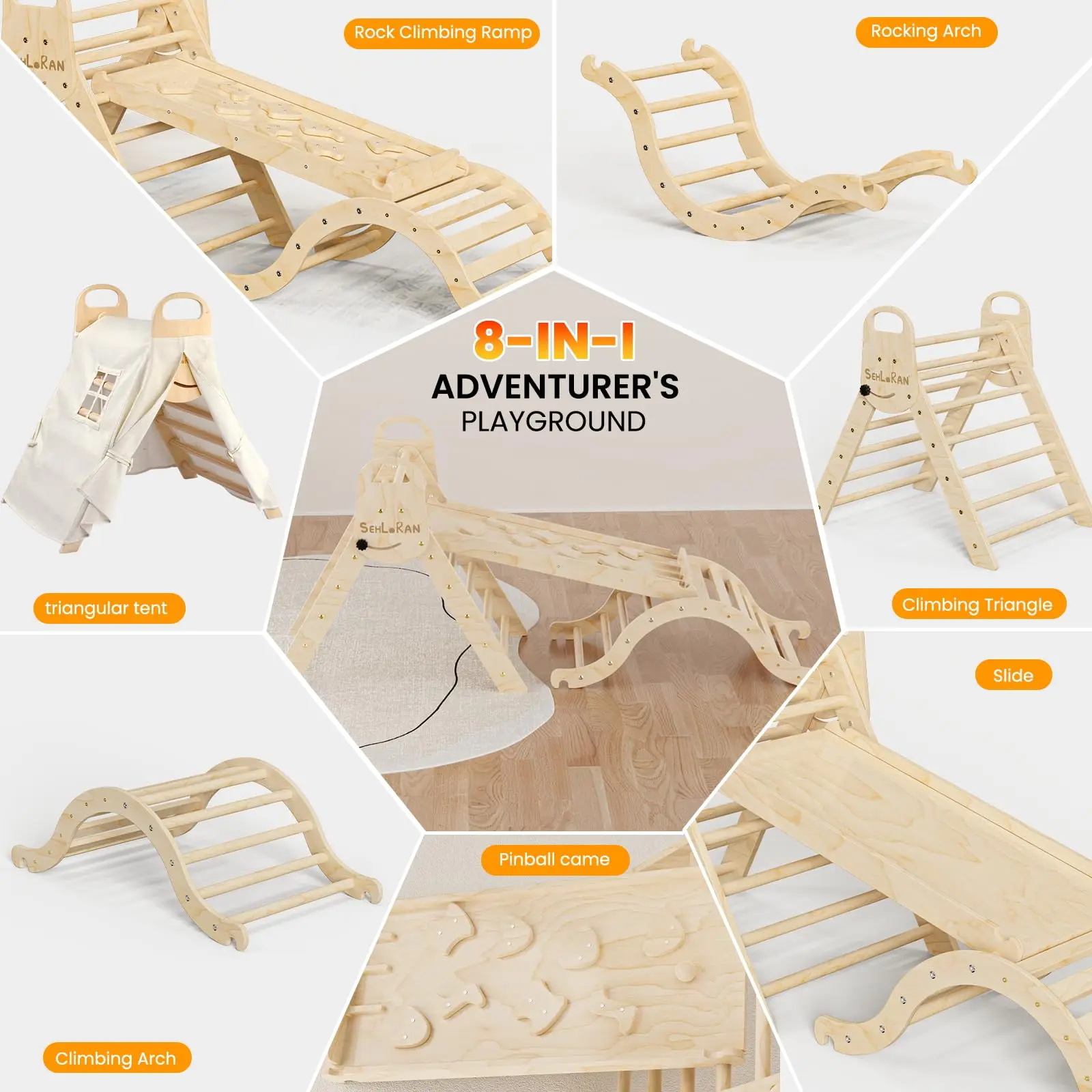 Montessori Wooden TRIANGLE SET for Indoor Climbing Multifunction Play Gym with Slide Montessori Piklers Triangle Set