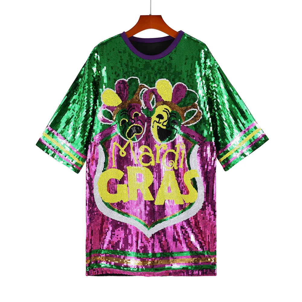 Wholesale Shine Bright Plus-Size Sequin Mardi Gras T-Shirt Dress Handmade Round Neck Sparkling Dazzling Look Sexy Knee Jersey