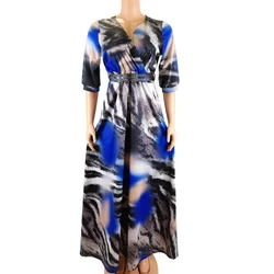 2021 summer ladies New Fashion Printed Dresses Long-Sleeved v-Neck Women clothing maxi Dresses with belt
