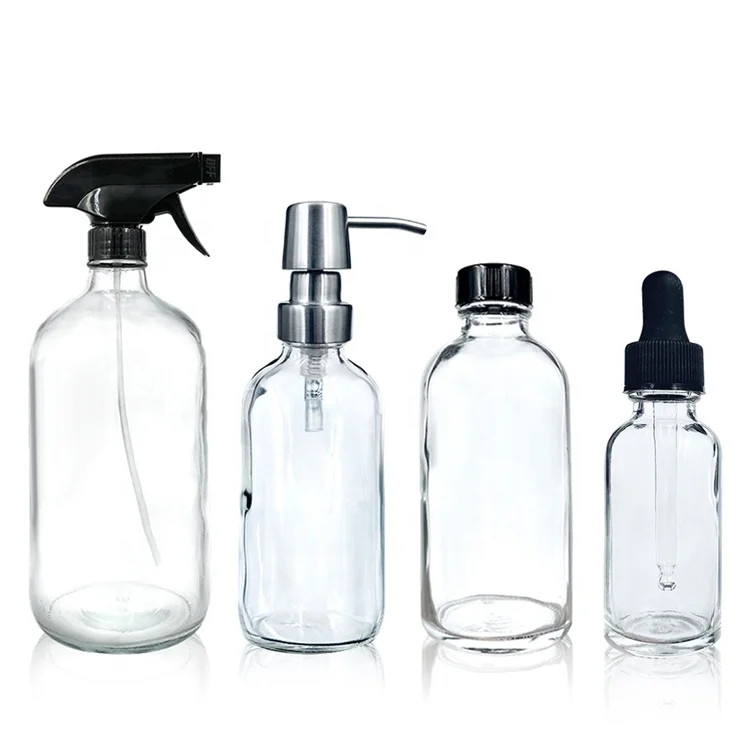 
15ml 1oz 2oz 4oz 8oz 16oz Clear Amber Spray Pump Essential Oil Dropper Boston Round Glass Bottle for Lotion Beverage Juice 