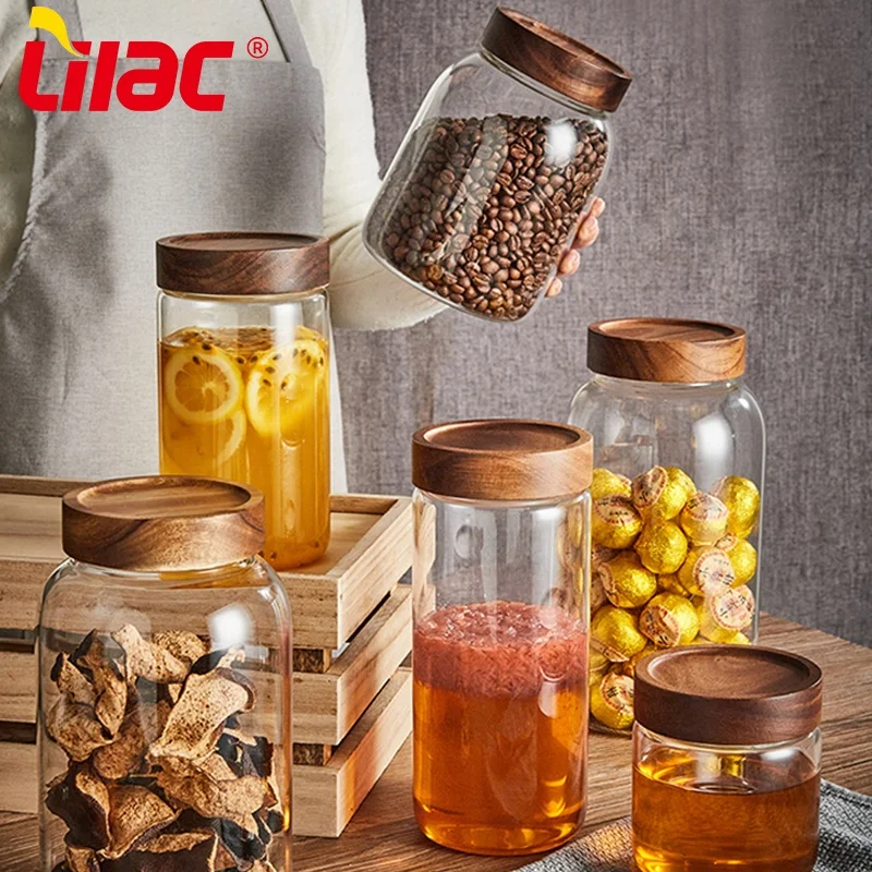 Lilac bsci sgs lfgb 1200ml glass container best home and kitchen accessories wooden lid large glass jars with lids for food