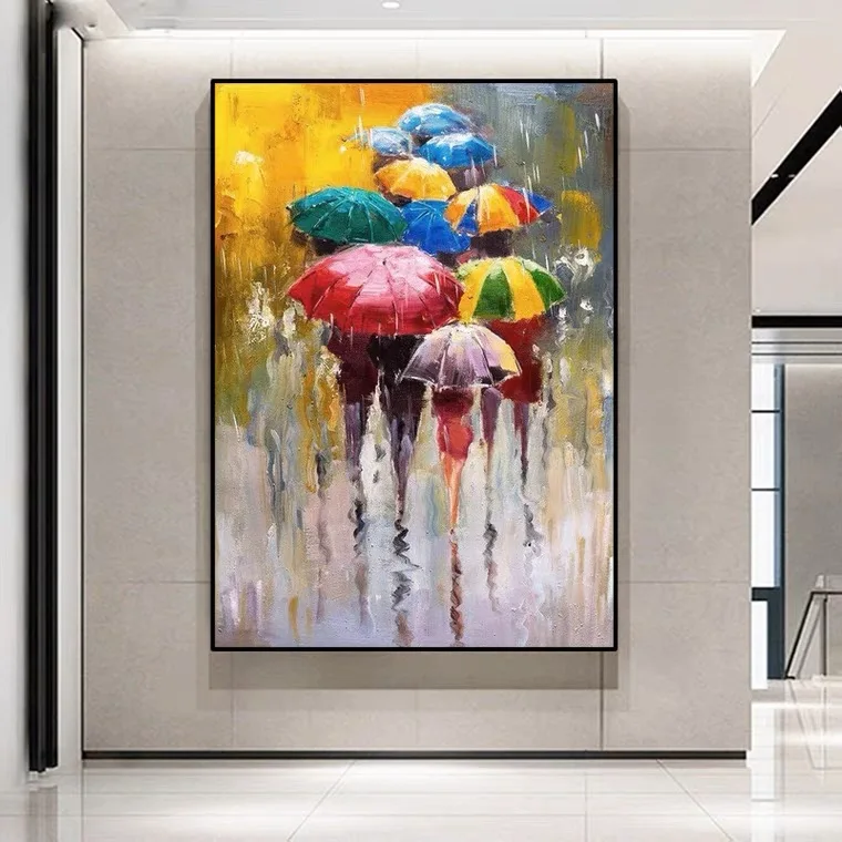 Modern Abstract Colorful Rain Landscape People with Umbrella Canvas Oil Painting for Home Wall Art Decor