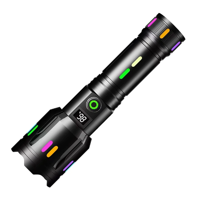USB-C Rechargeable High Power LED Digital Torchlight Flashlight 30W 5 Modes Adjustable Focus With Light Bar Long Range