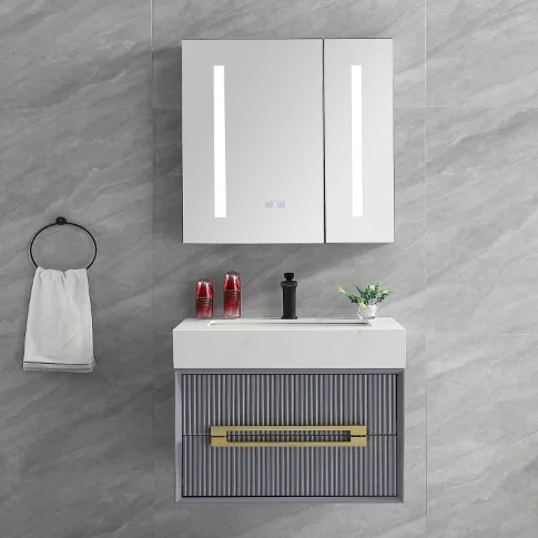KD-BC306W-60 High Grade Hotel Wall Hung Sink Bathroom Vanity Cabinet Set with Counter Top Small Size LED Mirror Storage Cabinet