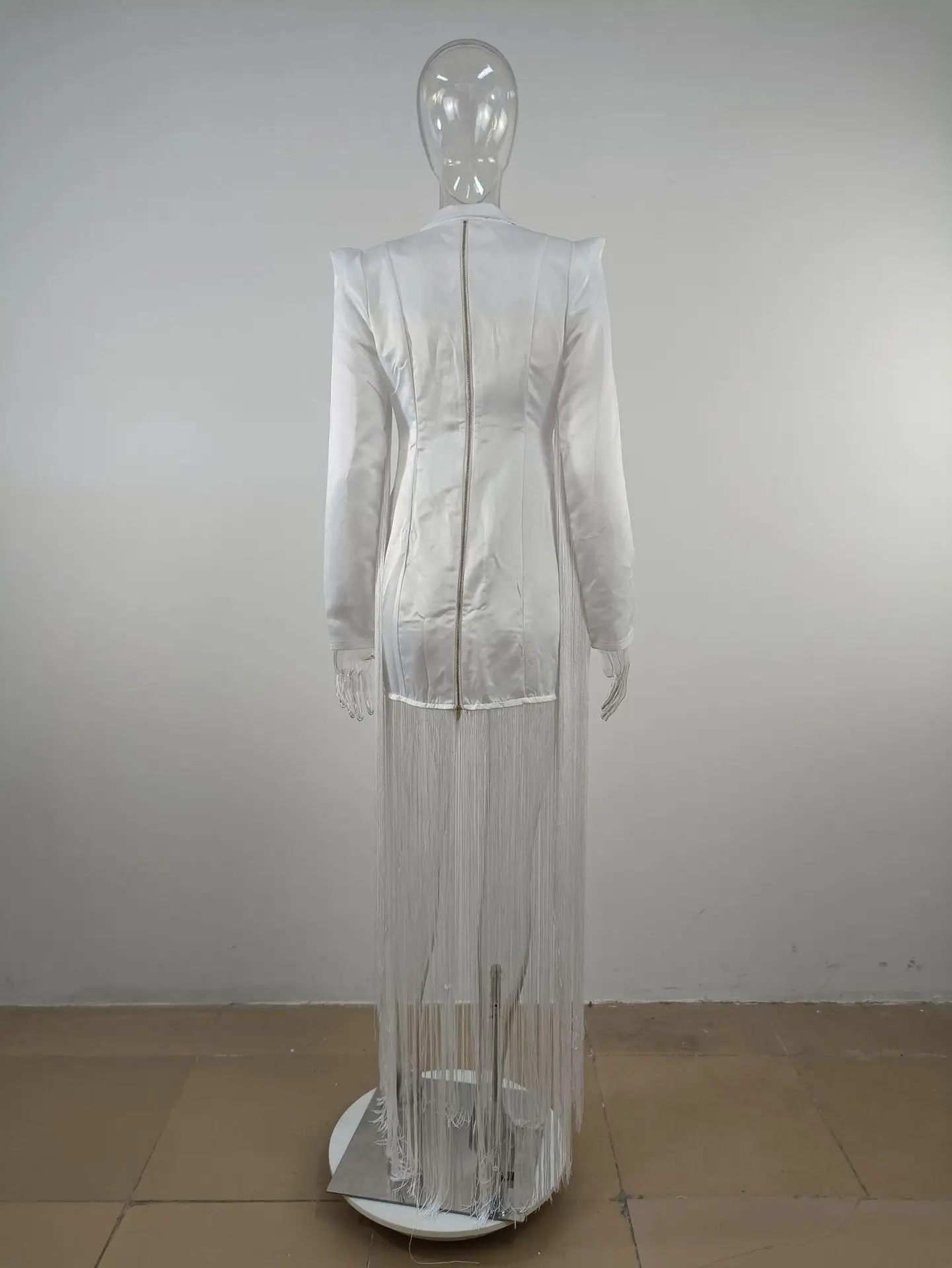 Elegant White Beaded Tassels V Neck Long Sleeve Blazer Mini Party Dress