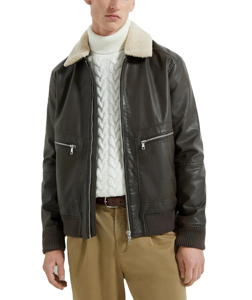 
Wholesale fashion simple detachable fur collar leather jacket for men 