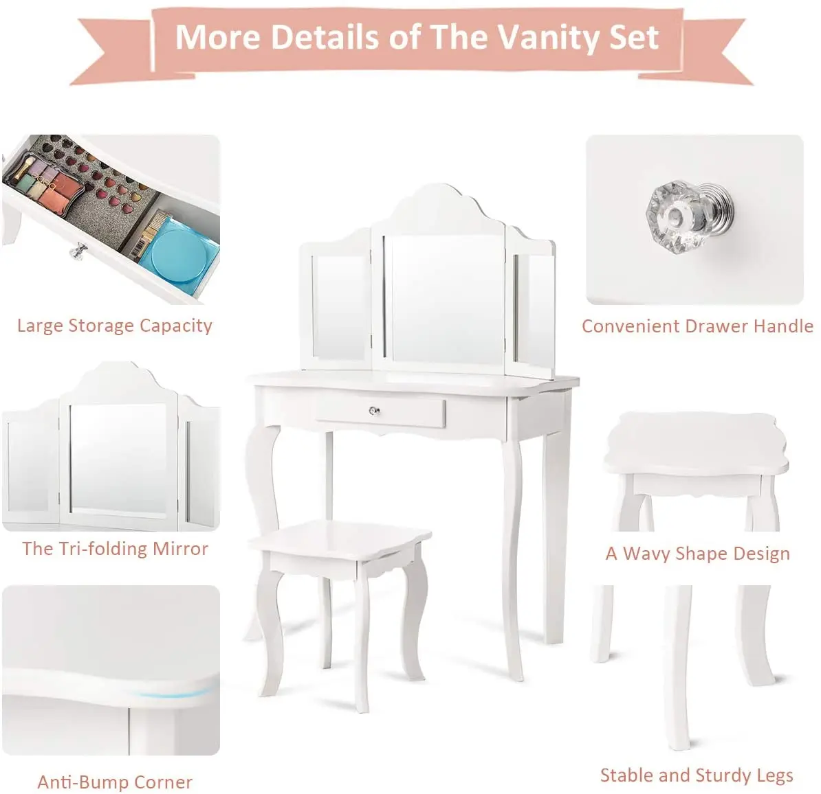 Detachable Design Kids Wooden Vanity Table and Stool Set Princess Makeup Dressing Table
