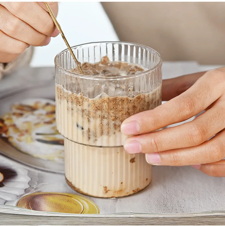 High Quality Reusable Glass Cup Striped Coffee Tumbler Irregular Water Glasses for Cafe Shop and Party