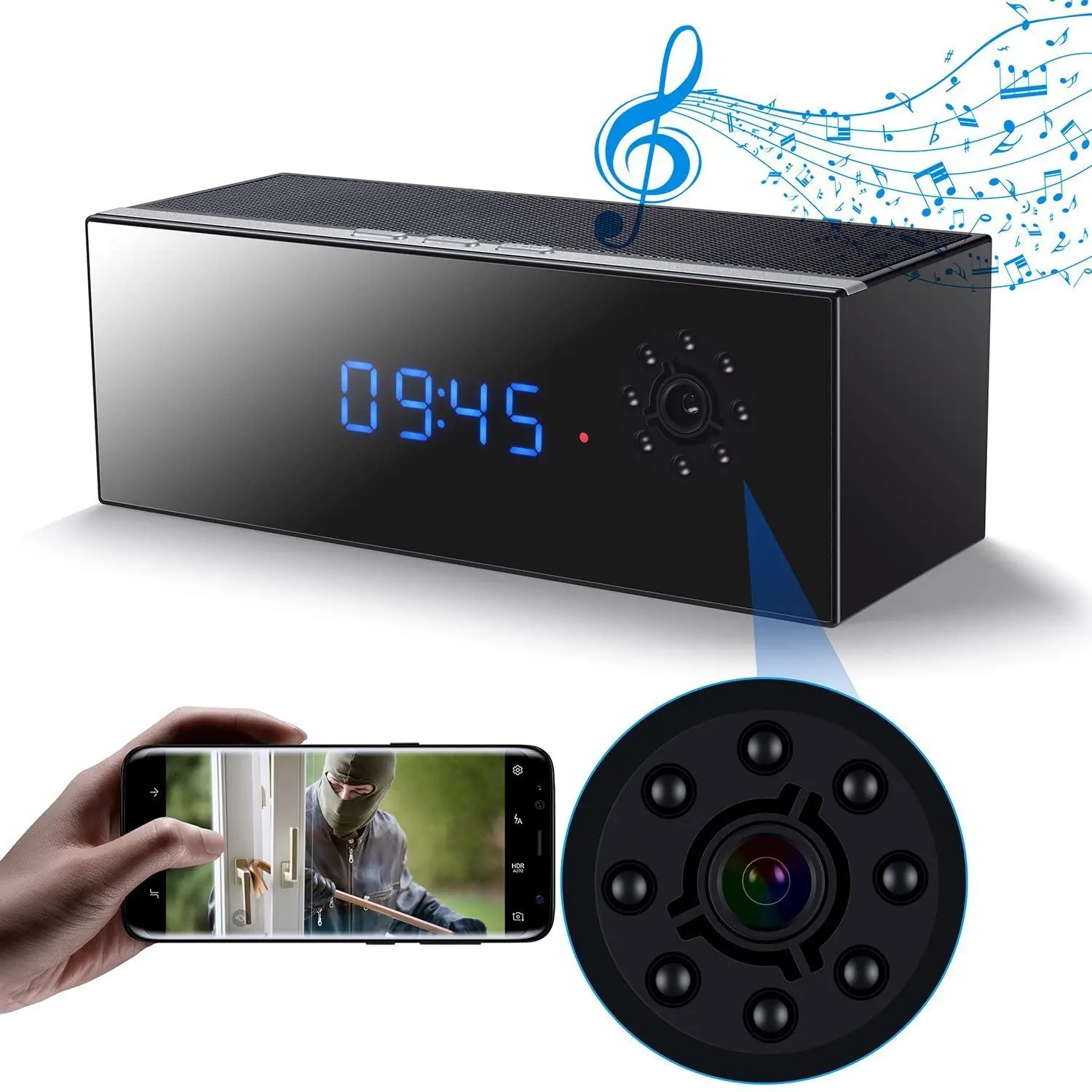 Spy Hidden Camera Clock in Bluetooth Speaker with Night Vision Wireless 1080P Motion Detection