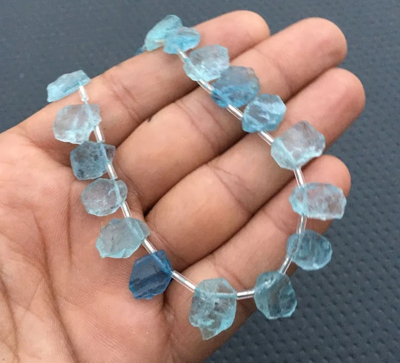Natural Blue Aquamarine Gemstone Uneven Shape Side Drilled Rough Top Quality 1 Strand March Birthstone