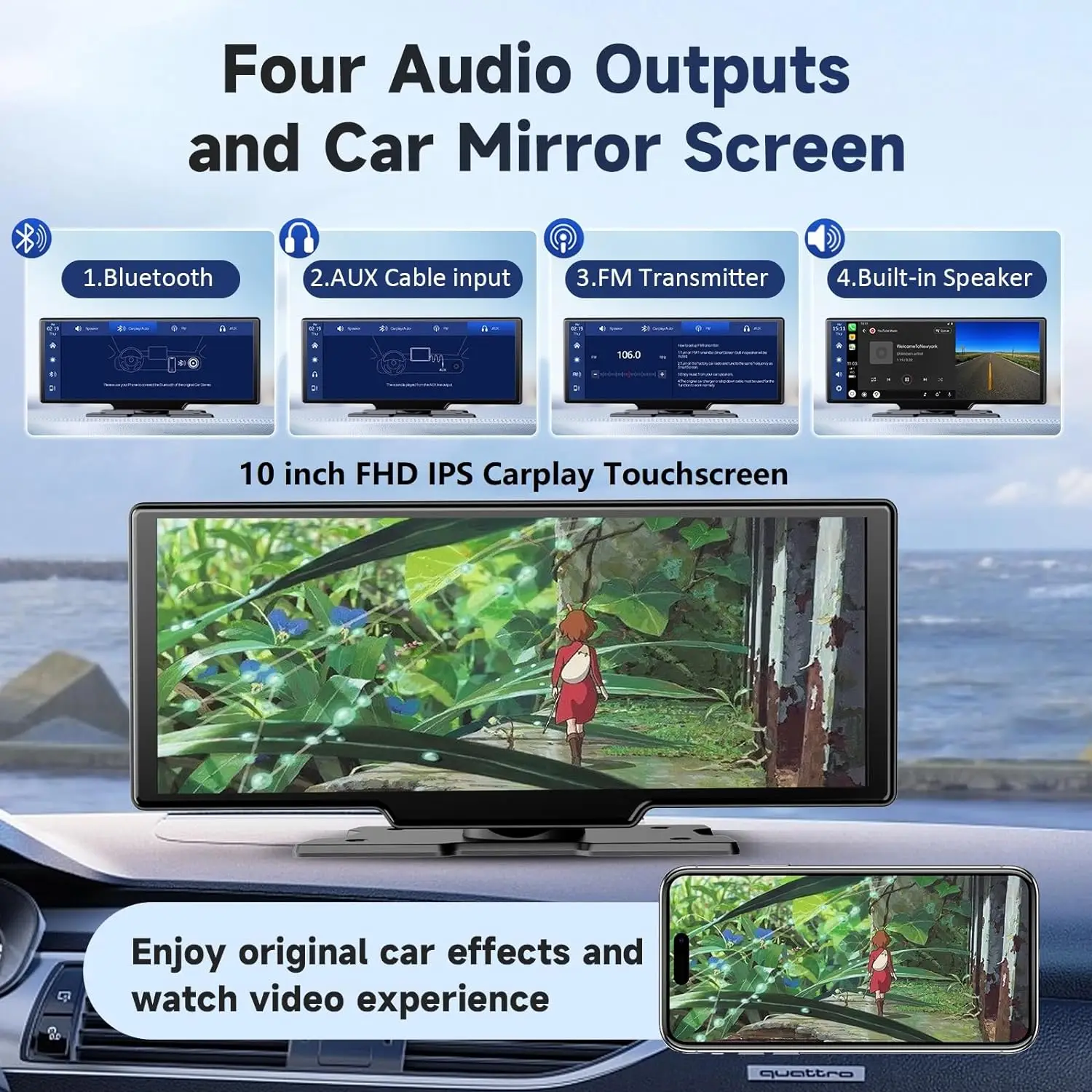 Portable Wireless Carplay Car Stereo - 10.26 inch HD IPS Car Touch Screen,Android Auto Screen for Car, with FM Car Radio