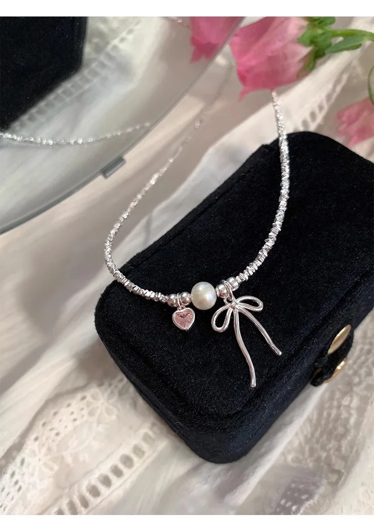 S925 sterling silver bow pink heart broken silver necklace sweet girl heart freshwater pearl necklace