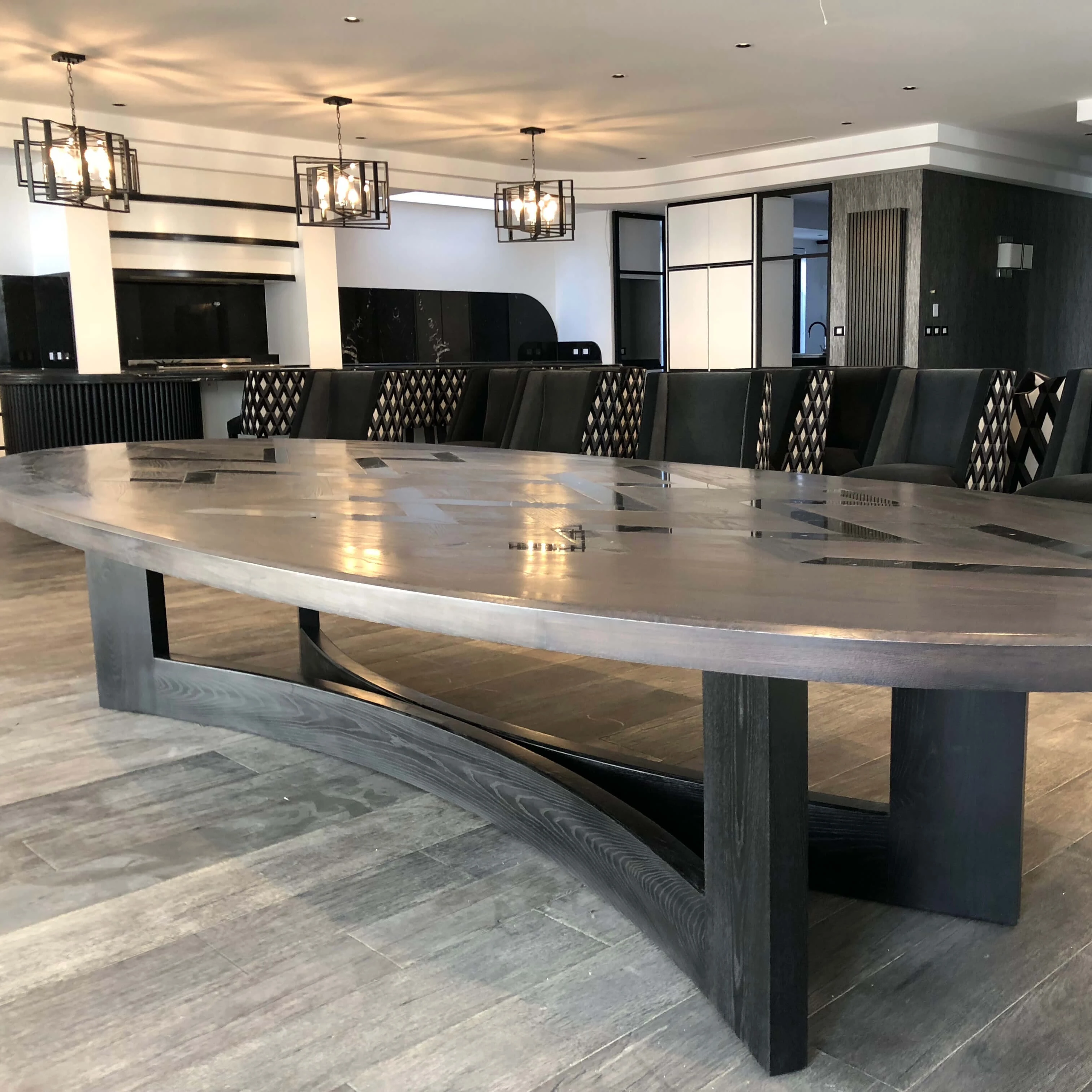 2021 French  large Oval dining table  inlaid  solid ash wood  and marble counter tops