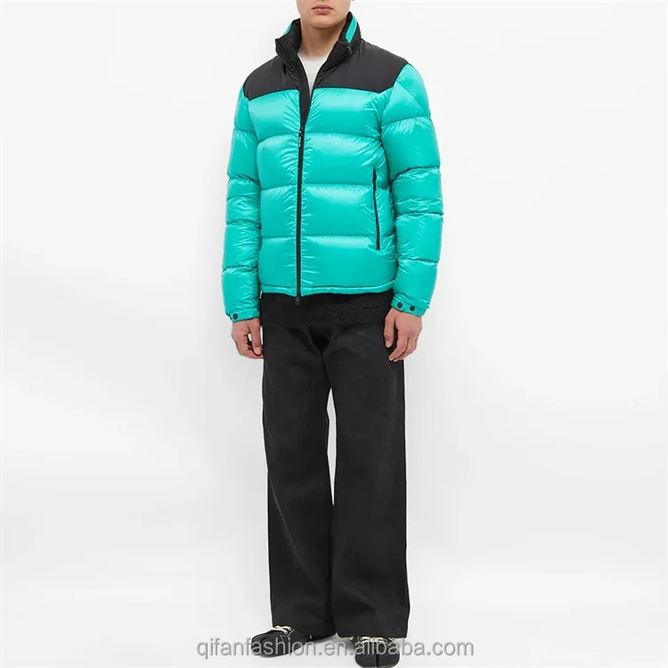 Custom color block patchwork pull out hood two tone padded down puffer jacket for men