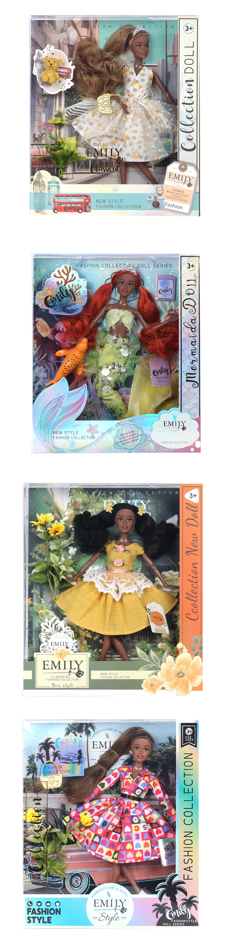 EMILY 11.5-inch 11 joint wearing plaid skirt, white shoes, brown long curly hair dolls for girls black best gift