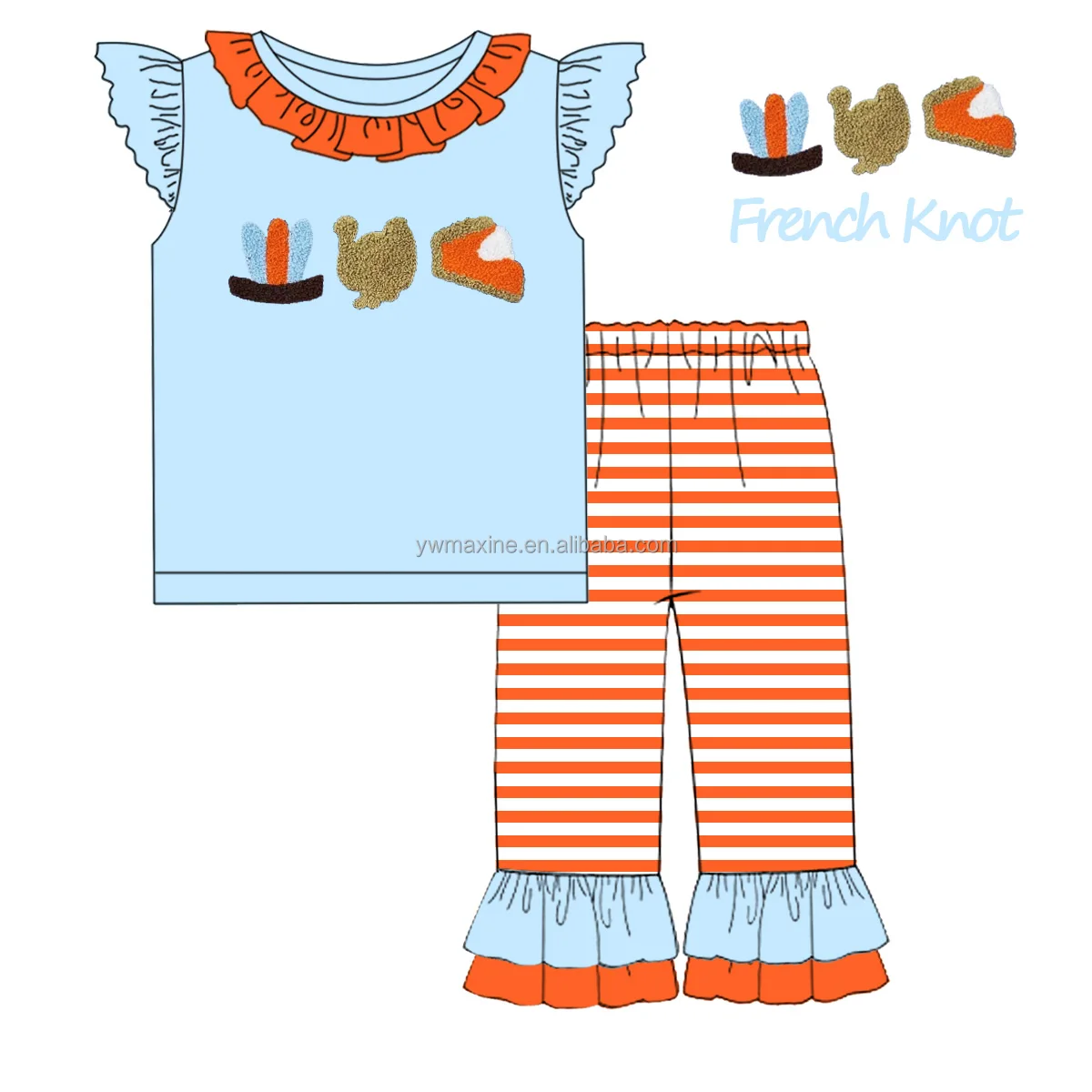 Hot Sale Thanksgiving Day Boy Clothing Fall Outfit 100% Cotton Casual Short Sleeve Striped 2pcs sets French Knot Boy Clothes