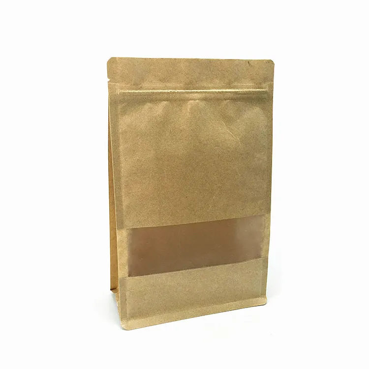 Recyclable flat bottom kraft paper bag food grade food storage 8 sided seal kraft zipper pouch with window