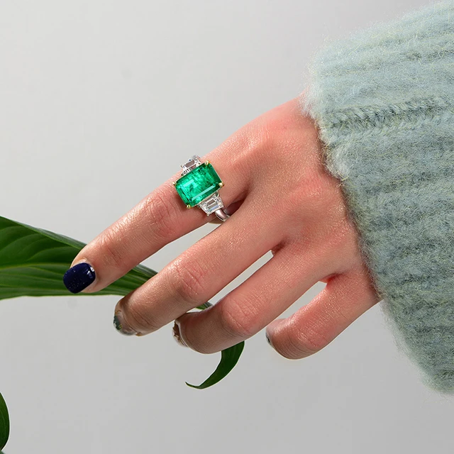 Green square emerald ring with side stones emerald engagement rings for women